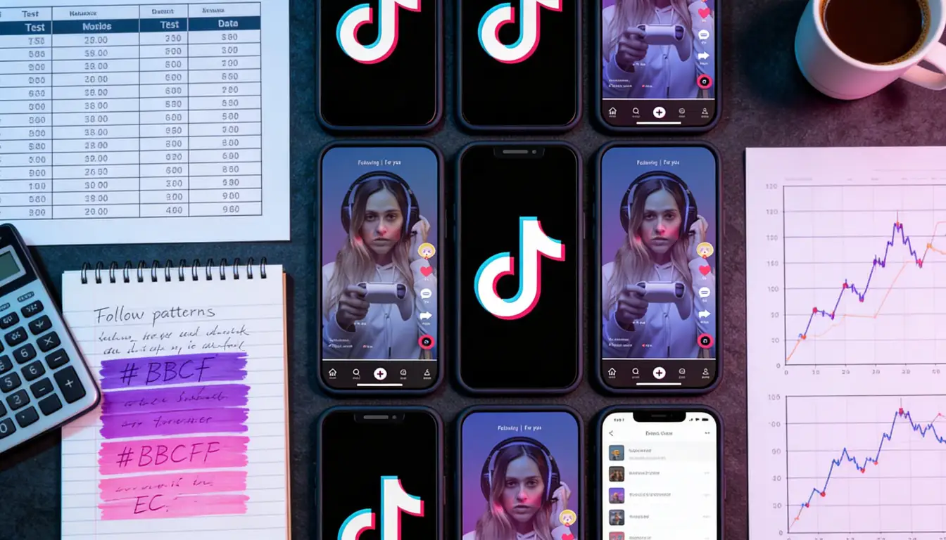 Overhead workspace with multiple smartphones testing TikTok auto-unfollow fixes