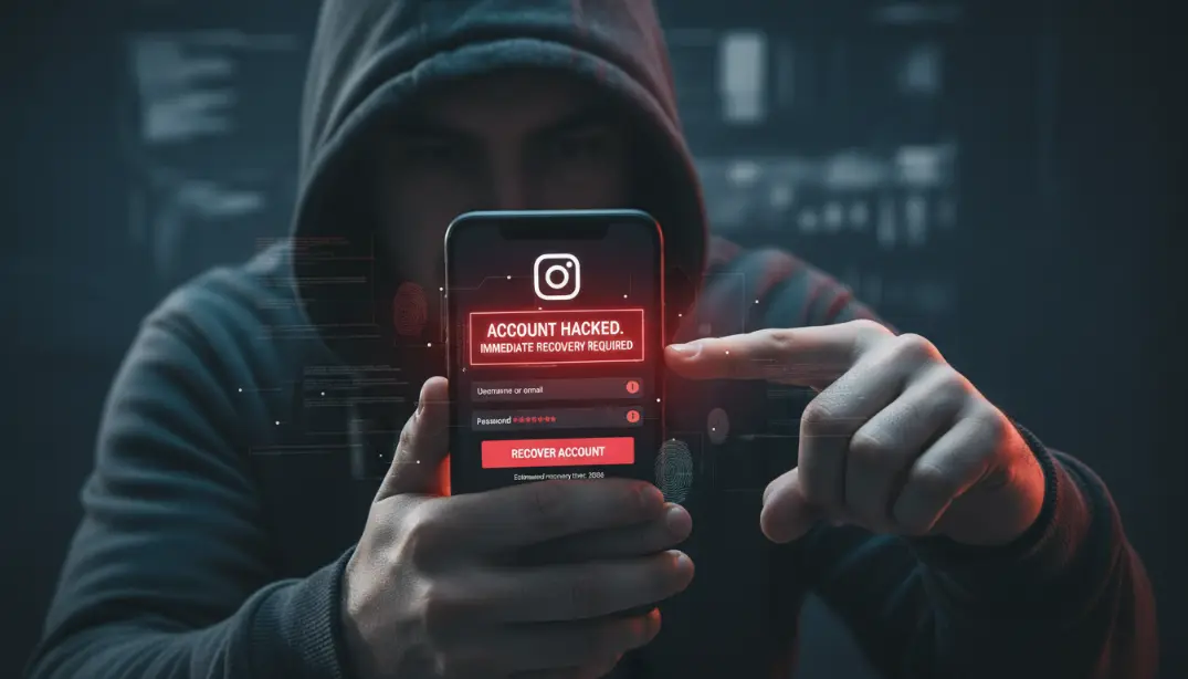 Person holding a smartphone showing a locked Instagram login screen with a red warning icon, representing a hacked Instagram account that needs to be recovered in 2026