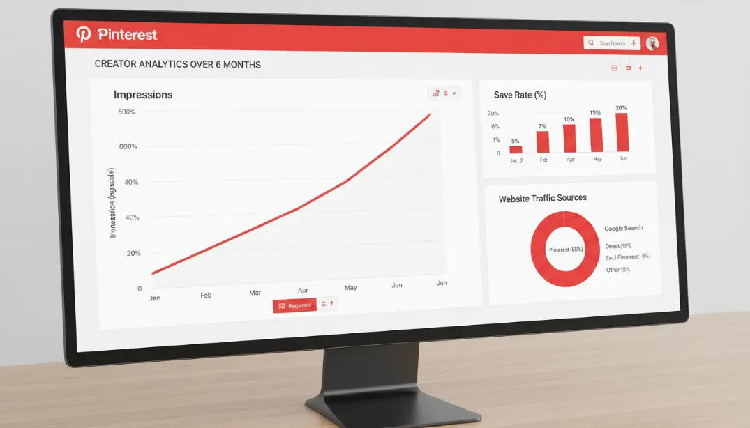 Pinterest Analytics dashboard showing a creator's pin performance over six months &mdash; impressions growing from hundreds to tens of thousands, save rate increasing, and website traffic from Pinterest becoming the top traffic source, illustrating the compounding effect of consistent Pinterest SEO optimisation