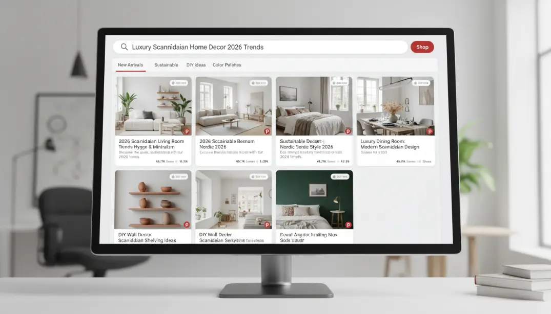 Pinterest search results page showing optimised vertical pins ranking for a home decor keyword, with high-quality 2:3 ratio images, keyword-rich titles, and strong pin descriptions &mdash; demonstrating how Pinterest SEO and algorithm optimisation drives visibility in 2026