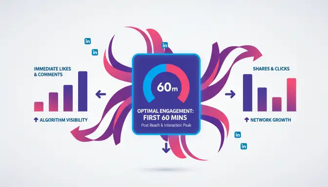 Professional infographic showing flowing purple-pink data rivers representing LinkedIn algorithm distribution