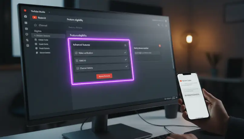 Realistic computer screen mockup of YouTube Studio showing the Feature Eligibility and phone verification interface