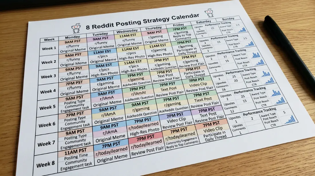 Reddit posting strategy calendar showing a systematic 8-week plan with different posting times, subreddit-specific content, community engagement activities, and performance tracking &mdash; illustrating the methodical approach to finding optimal Reddit posting windows and building community credibility