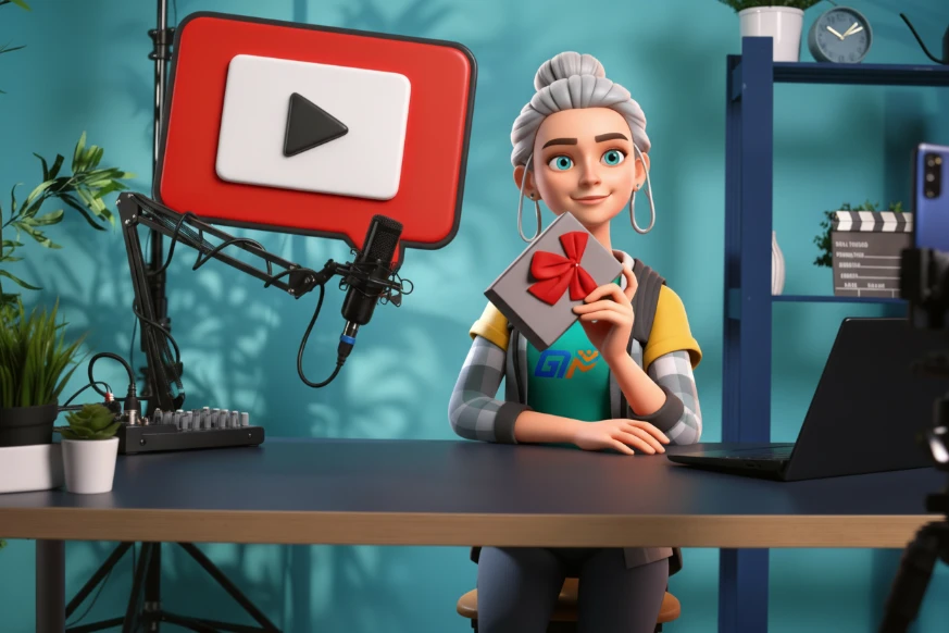 A content creator filming in a professional home studio with camera equipment, ring light, and microphone setup for YouTube video production