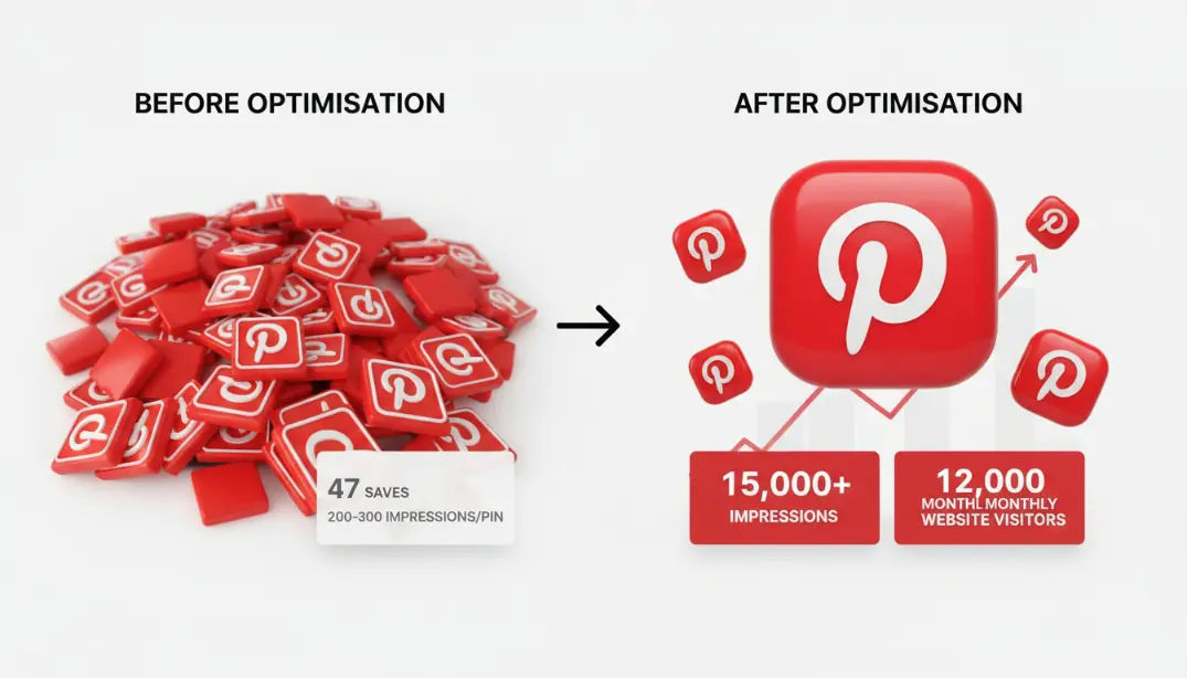 Side-by-side comparison of Pinterest analytics before and after algorithm optimisation: before shows 47 saves and 200-300 impressions per pin, after shows 15,000+ impressions, 12,000 monthly website visitors, and top keyword rankings &mdash; representing Rachel's six-week transformation through Pinterest SEO