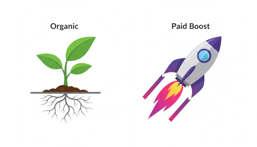 Side-by-side comparison of organic social media growth versus paid engagement strategy showing a green plant with roots on the left and a rocket launch on the right