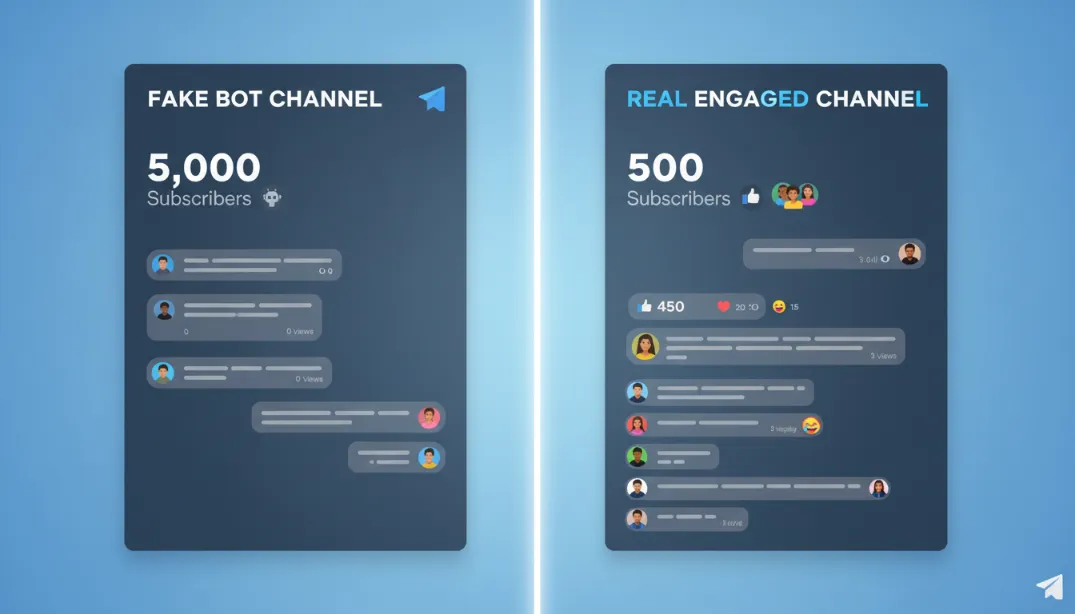 Split comparison showing two Telegram channels side by side: one with 5,000 fake bot subscribers and zero engagement, versus one with 500 real engaged subscribers generating active discussions and high message view rates &mdash; illustrating why quality beats quantity in Telegram growth