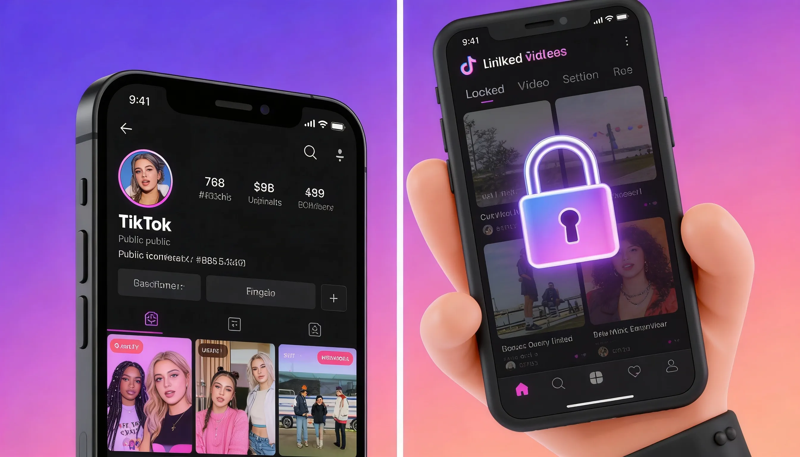 Split screen comparison showing public TikTok profile with visible liked videos on left versus private profile with hidden likes on right