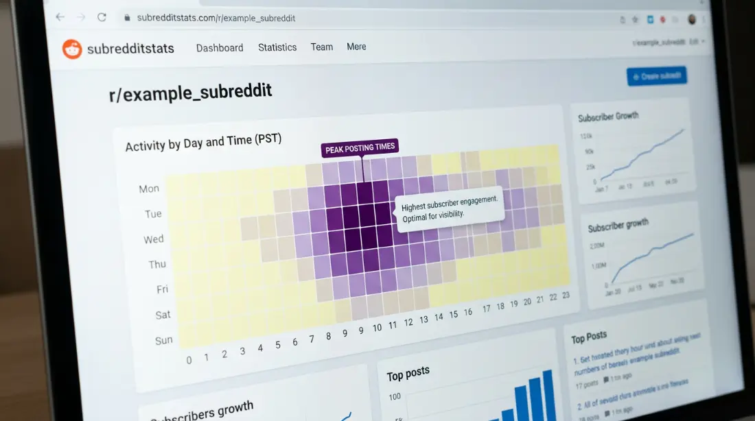 Subreddit statistics dashboard from subredditstats.com showing a heatmap of activity patterns for a specific subreddit, with peak posting times highlighted in purple &mdash; demonstrating how to use data tools to find the best posting windows for individual Reddit communities