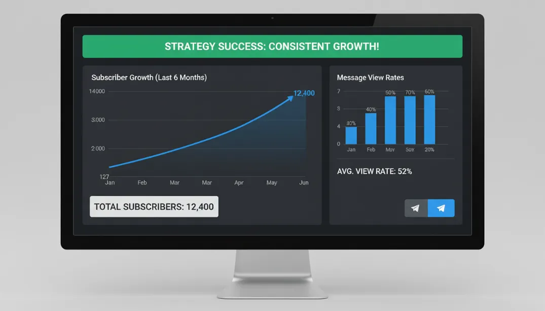 Telegram channel analytics dashboard showing steady subscriber growth from 127 to 12,400 over six months, with consistent 40-60% message view rates, representing the results of a systematic Telegram growth strategy with cross-platform promotion and quality content