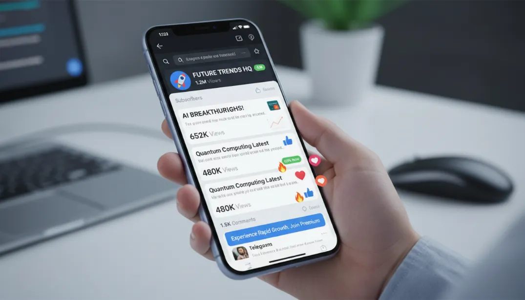 Telegram channel interface on a smartphone showing a fast-growing channel with high subscriber count, message view rates of 40-60%, and an active community feed &mdash; representing rapid Telegram channel growth in 2026