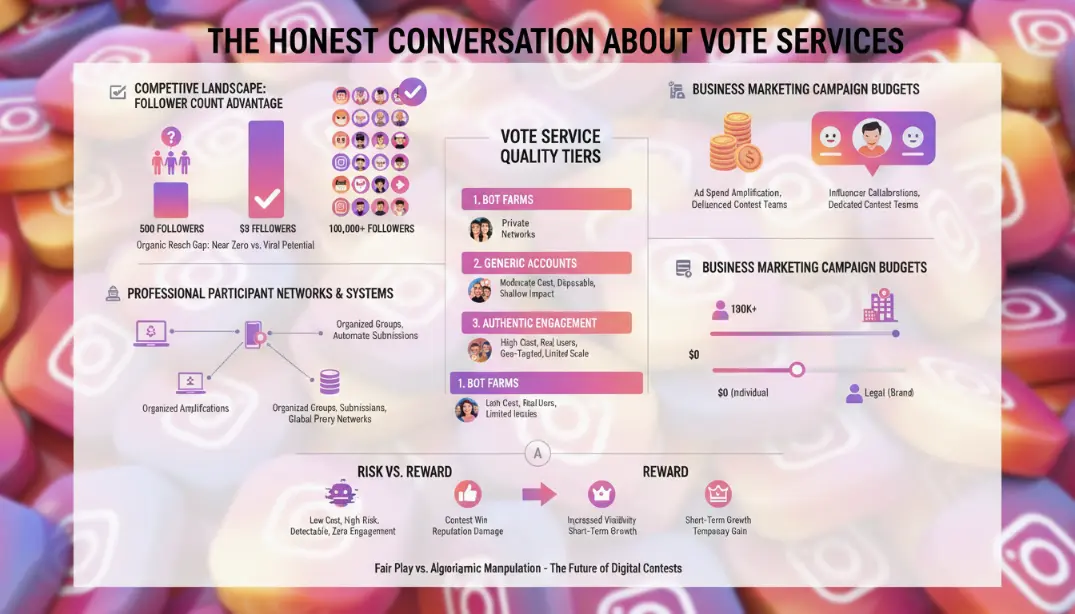 Instagram voting contest competitive landscape infographic showing follower count advantages comparison between contestants with 500 versus 100000 followers, professional contest participant networks and systems, business marketing campaign budgets, vote service quality tiers from bot farms to authentic engagement, and risk versus reward analysis for different voting strategies in 2026
