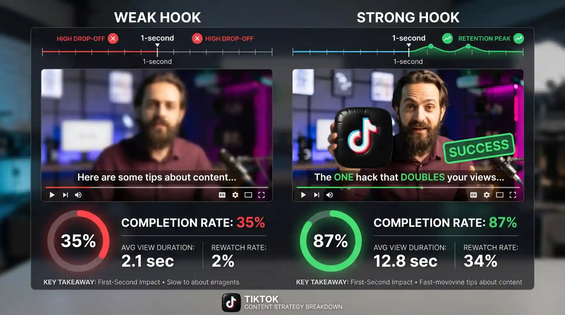 TikTok content strategy breakdown showing the 1-second hook rule in action &mdash; split screen comparing a weak hook (slow intro, 'Hey guys welcome') with a strong hook (mid-action start, immediate bold statement) with completion rate metrics showing 35% vs 87%, illustrating why the first second determines the entire video's algorithmic fate