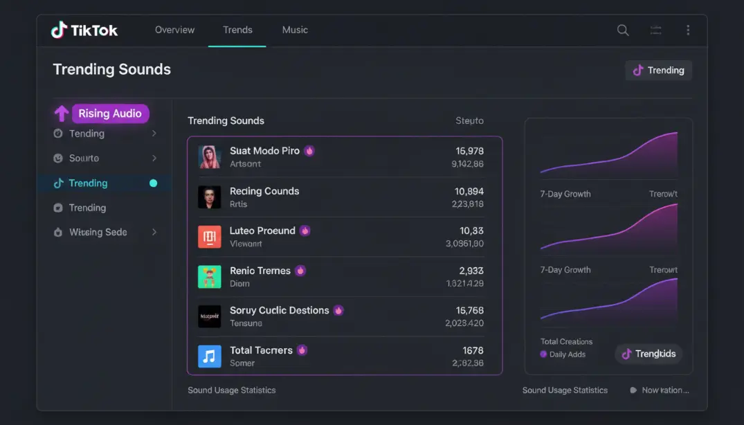 TikTok Creative Center interface displaying trending sounds dashboard with rising audio trends, usage growth charts, and early trend indicators helping creators discover viral sounds before they peak in 2026