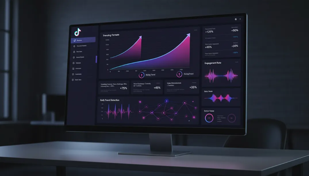 TikTok Creative Center dashboard showing trending sounds and rising content formats with upward trending graphs for identifying early trend participation opportunities in 2026