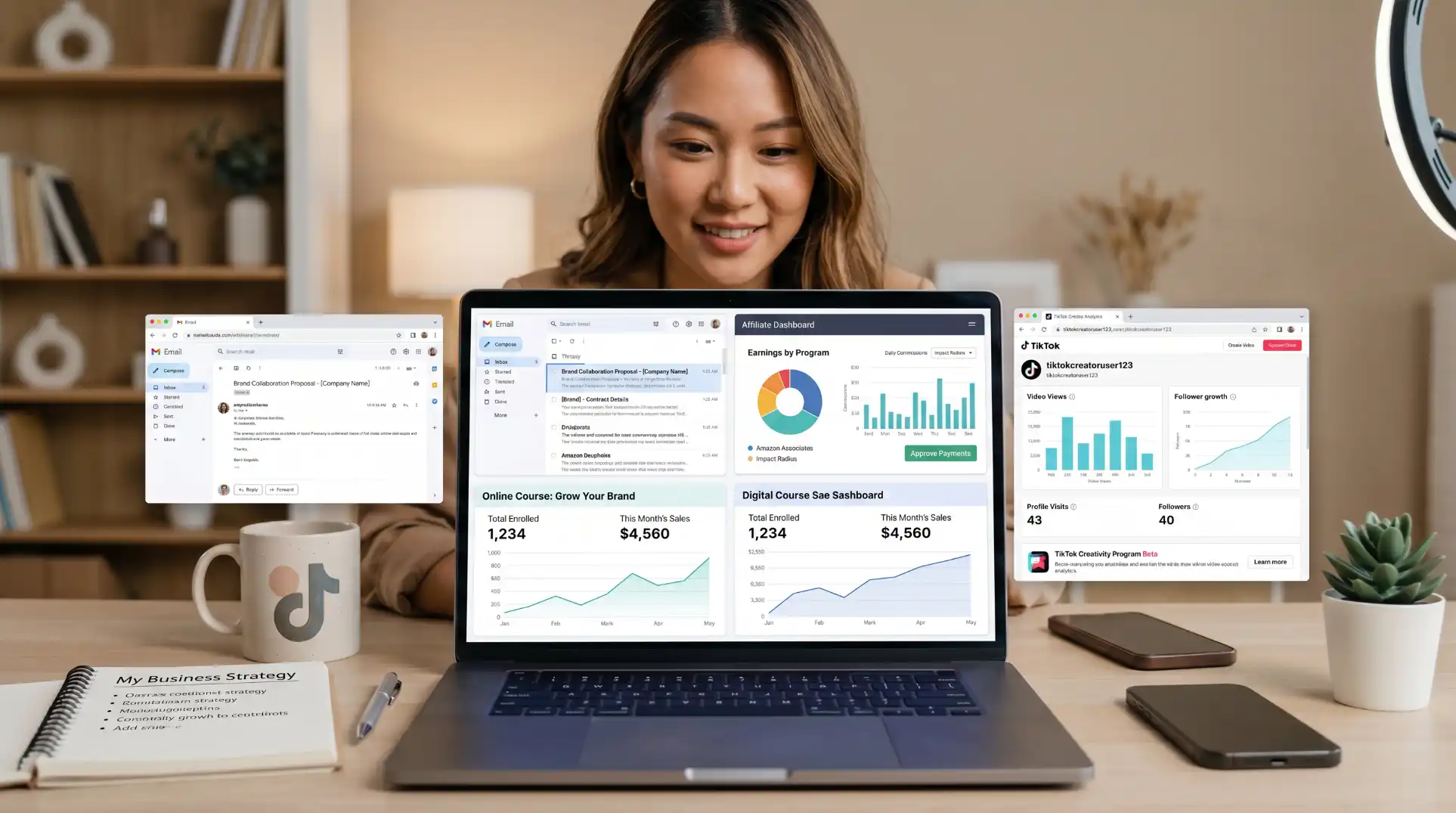 TikTok creator at a desk reviewing multiple income streams on a laptop &mdash; brand deal emails, affiliate dashboard, digital course sales, and TikTok analytics all visible &mdash; representing the 12 proven ways to make money on TikTok in 2026
