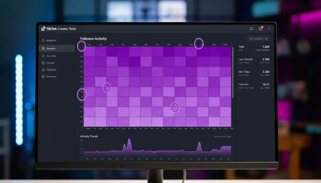 TikTok Creator Tools analytics screen showing follower activity heatmap with day-by-day and hour-by-hour breakdowns, highlighting peak activity windows in purple gradient &mdash; demonstrating how to use TikTok's built-in analytics to find the best personal posting time