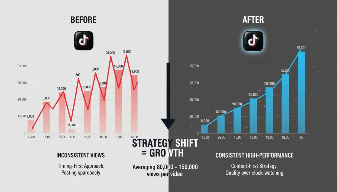 TikTok creator's before and after view count comparison showing growth from inconsistent results (ranging from 8,000 to 189,000) to consistent high performance averaging 80,000-150,000 views per video after implementing a systematic content-first, timing-second strategy &mdash; representing Marcus's three-month TikTok transformation