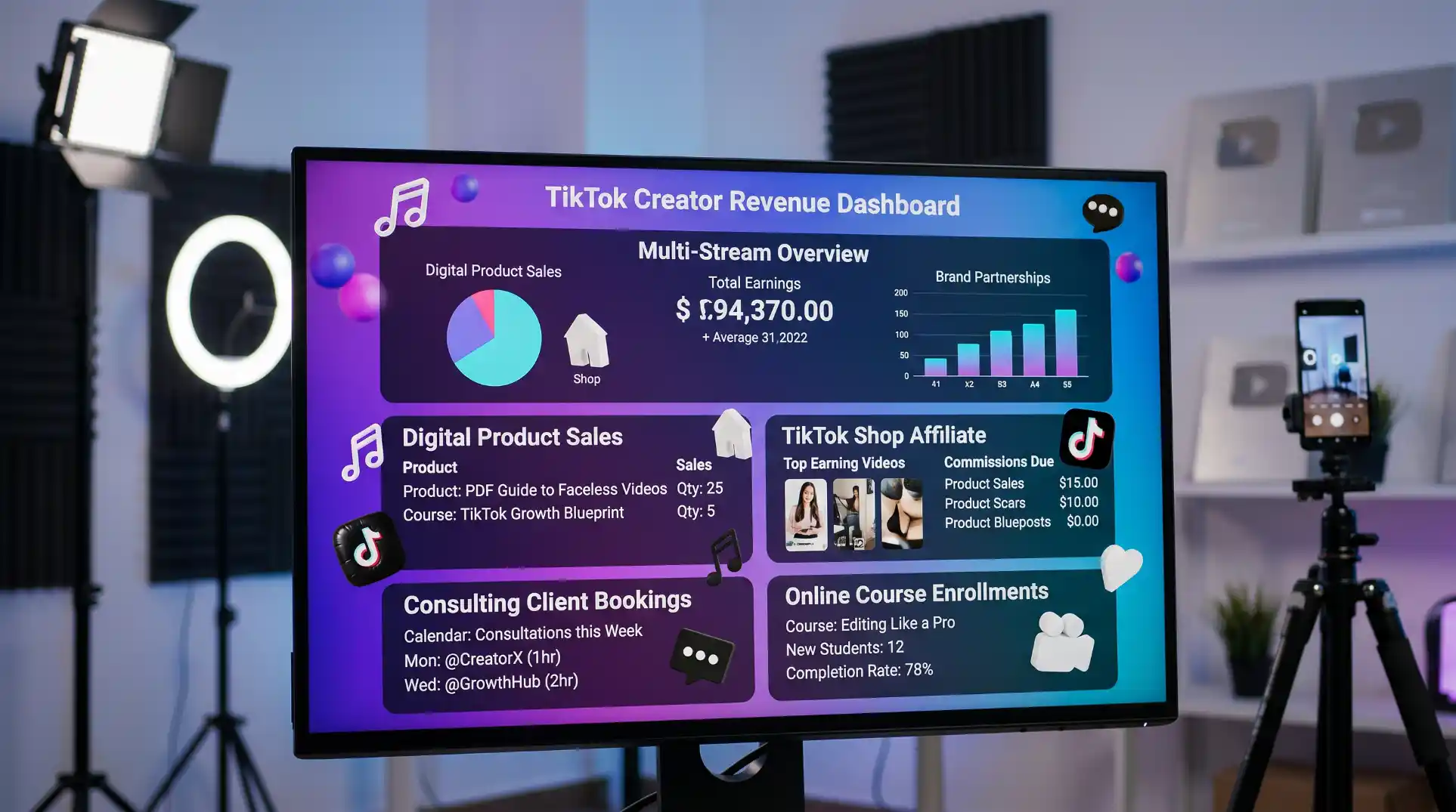 TikTok creator's multiple revenue stream dashboard showing digital product sales, TikTok Shop affiliate commissions, consulting client bookings, and online course enrollments &mdash; illustrating how stacking 4-6 income methods transforms TikTok follower counts into real monthly income