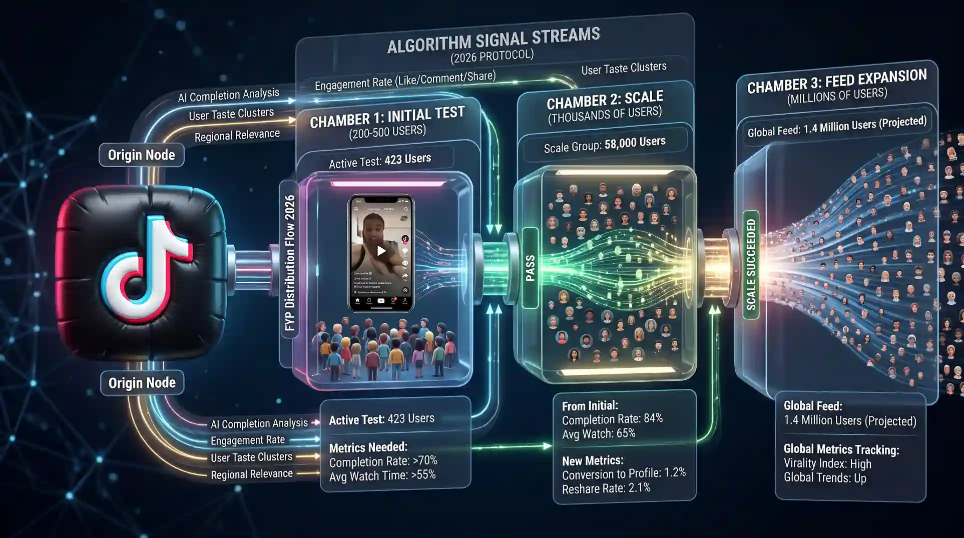 TikTok For You Page interface in 2026 showing the algorithm's testing and distribution flow &mdash; a new video being shown to a small initial test group of 200-500 people, then expanding to thousands and millions based on completion rate and engagement signals, with metrics showing watch time percentage, re-watch count, and share rate