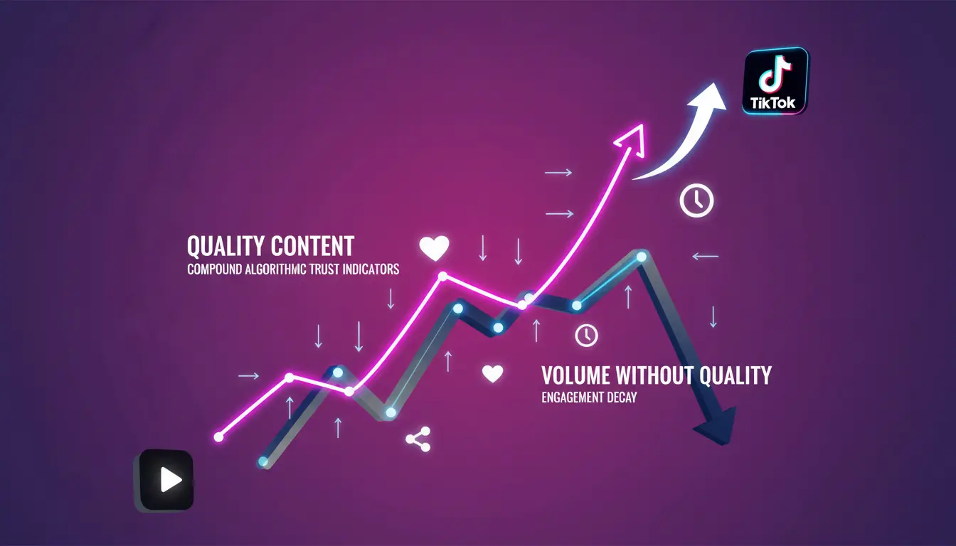 TikTok growth comparison chart showing exponential growth curve from high-quality sustainable posting versus declining engagement from high-volume rushed content with algorithmic trust indicators and compound growth visualization in 2026