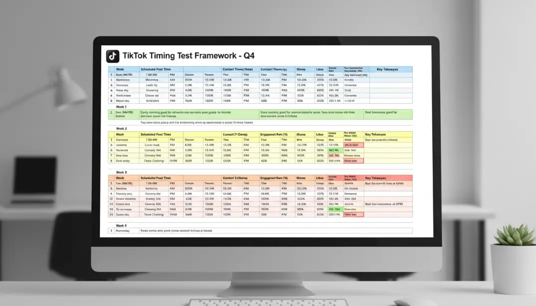 TikTok timing test spreadsheet showing a systematic 4-week testing framework with posting times, view counts at 1 hour, 24 hours and 7 days, engagement rates, and watch percentages &mdash; demonstrating the data-driven approach to finding the best personal TikTok posting time