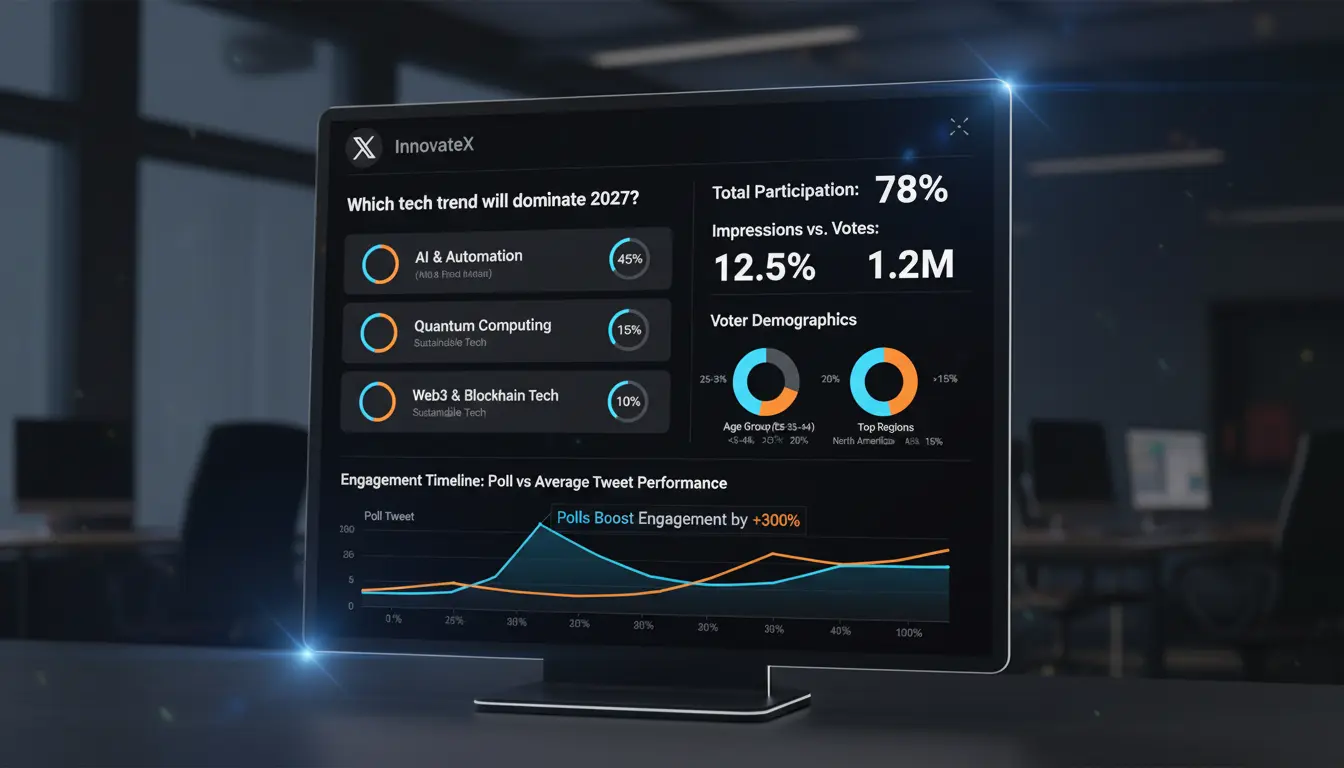 Twitter poll analytics dashboard showing engagement metrics including vote distribution percentages, total participation rate, impressions versus votes ratio, voter demographics breakdown, and engagement timeline graph demonstrating how polls boost overall tweet performance in 2026