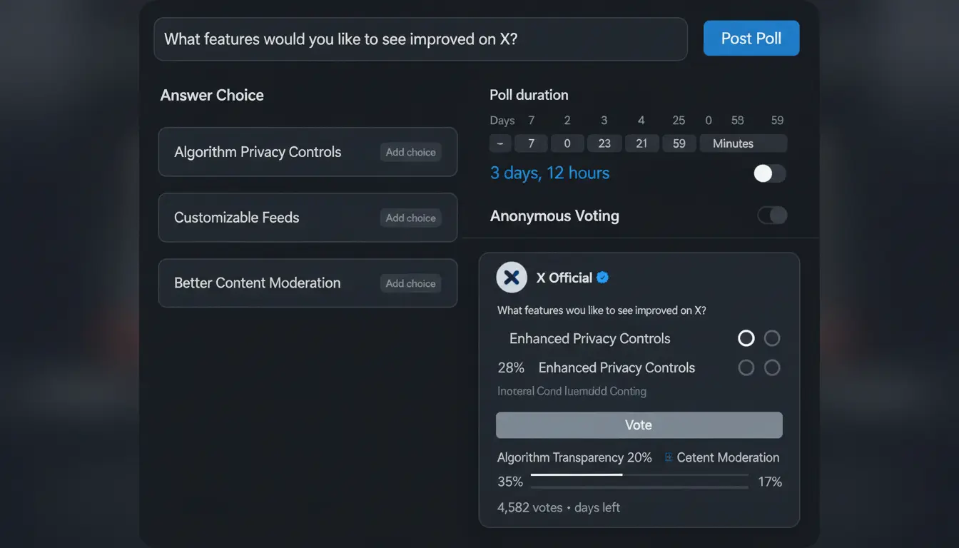 Twitter X poll creation interface showing question input field with four answer choice options, poll duration settings from 5 minutes to 7 days, and preview of how the poll will appear to followers with voting buttons and real-time results display in 2026