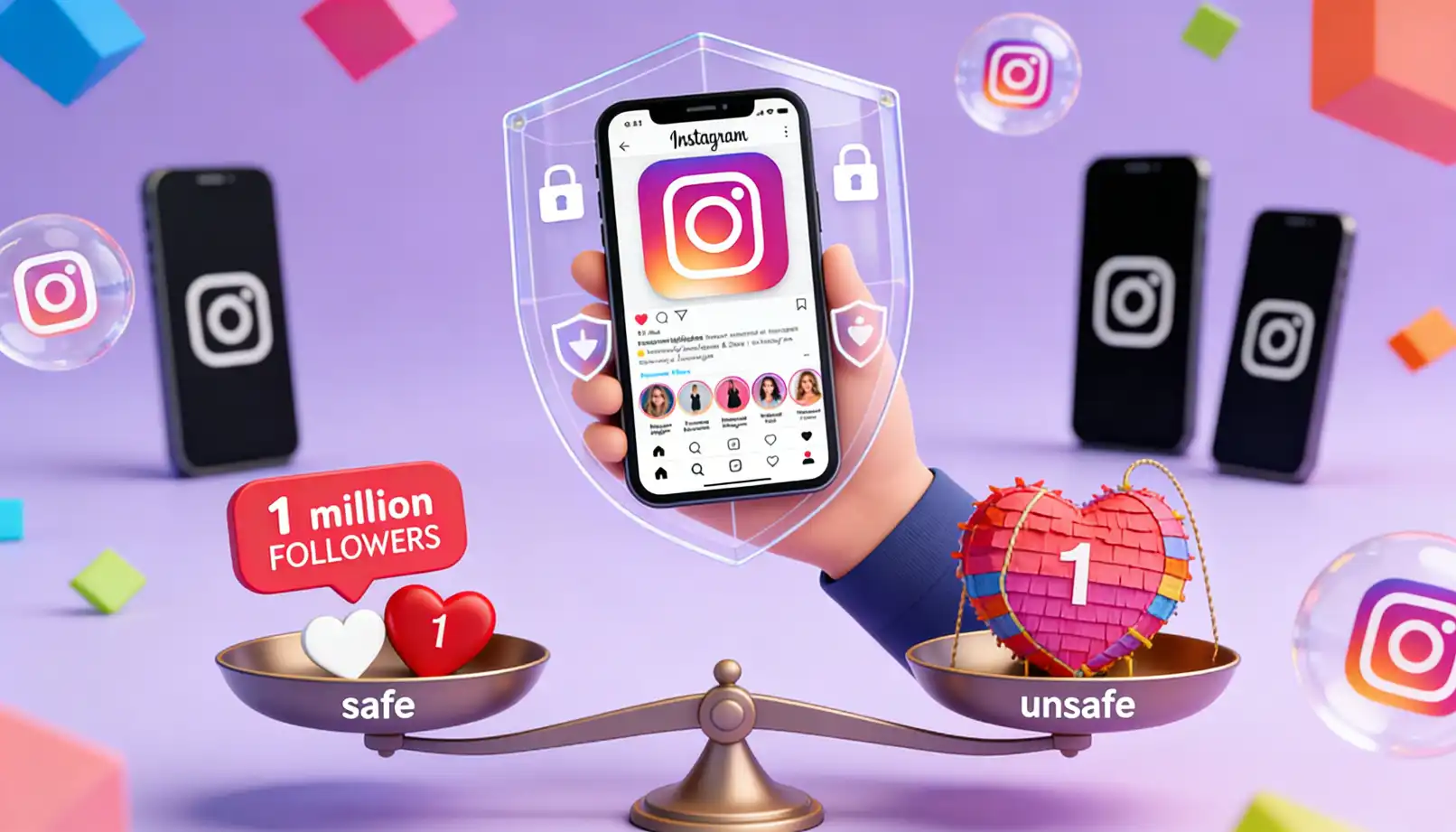 Ultra-detailed 3D digital safety visualization for Instagram follower services showing security assessment and risk analysis