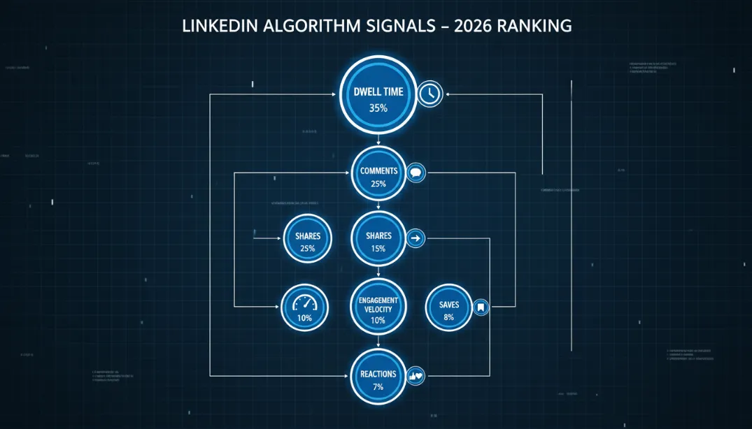 Visual diagram of LinkedIn algorithm signals ranked by impact in 2026, showing dwell time at the top, followed by comments, shares, engagement velocity, saves, and reactions, with icons and percentage weights for each signal