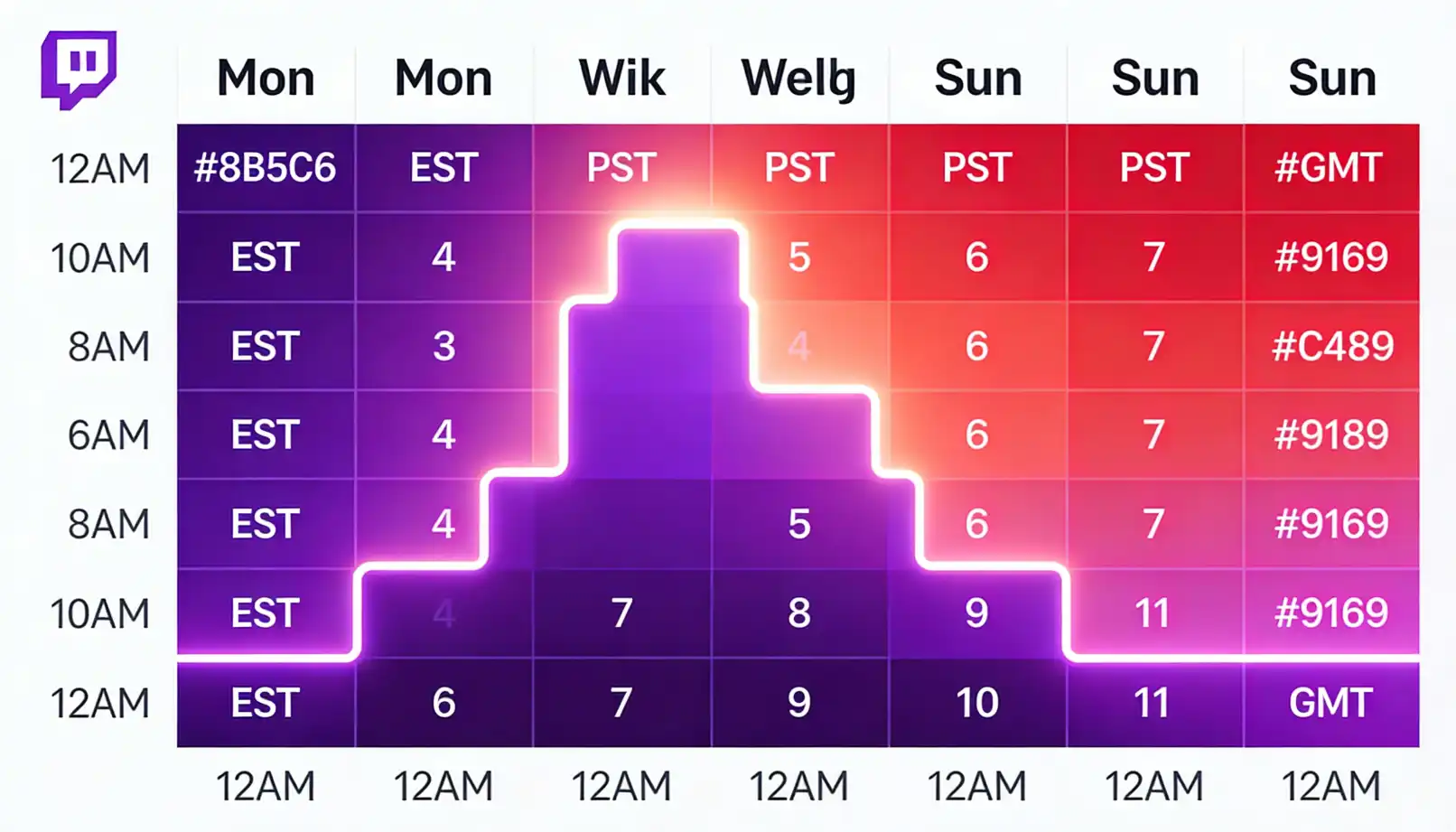Weekly Twitch streaming heat map infographic showing optimal streaming times by day and hour
