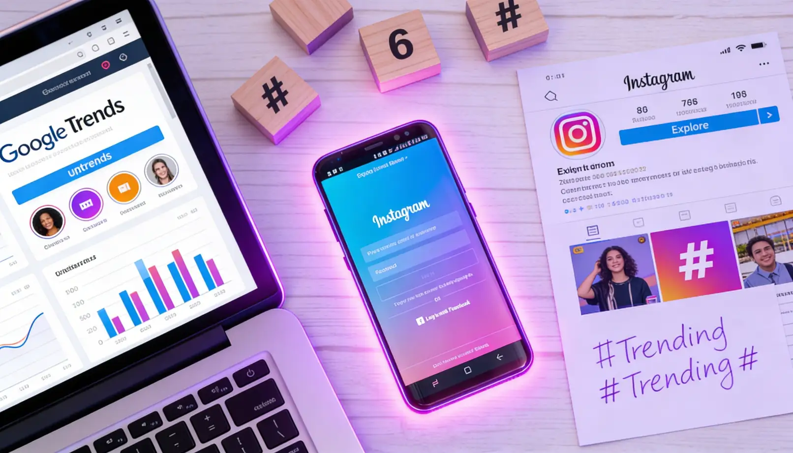 Workspace flat lay showing a trend research workflow with tools, analytics dashboards and notebooks