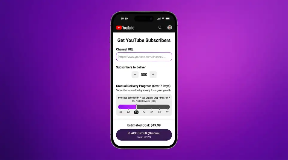 GTR Socials YouTube subscriber service interface showing an order configuration for a channel URL with no password required &mdash; gradual delivery settings showing subscribers arriving over 48-72 hours to produce a natural-looking growth curve rather than an overnight spike, account quality indicators showing real active YouTube accounts with watch history and channel activity rather than headless bot profiles, and a side panel clarifying that this service addresses the subscriber threshold and credibility gap but that watch hours still require genuine viewers &mdash; representing the real-account paced-delivery approach that GTR Socials uses to help growing channels clear the cold start credibility problem without the bot-panel risks that damage engagement rate and disappear in purges