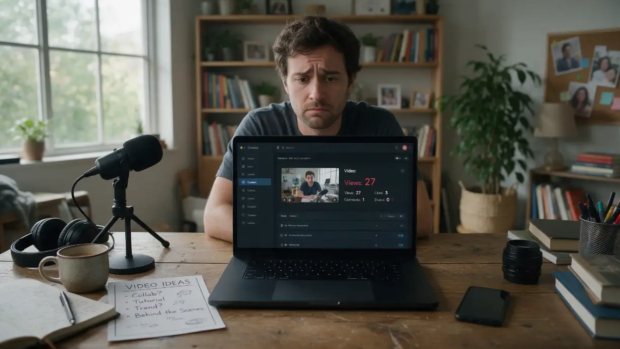 A creator at a desk looking worried at a laptop showing a flat video view counter