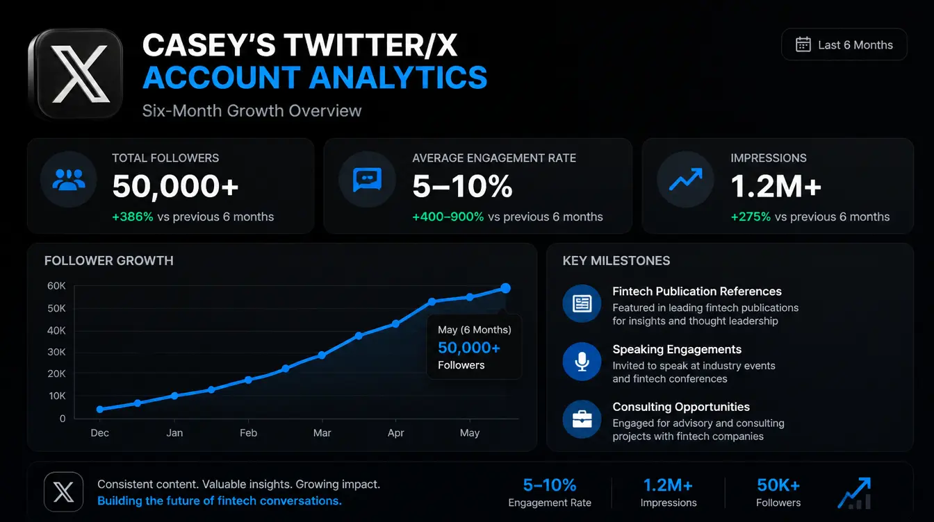 Casey's Twitter/X account analytics showing the six-month growth after abandoning timing optimisation &mdash; total followers growing from a few thousand to 50,000+, average engagement rate rising from 0.5-1% to 5-10%, and milestones including being referenced in fintech publications, speaking engagements, and consulting opportunities &mdash; all stemming from the strategic shift to prioritising authentic conversation over posting-time optimisation