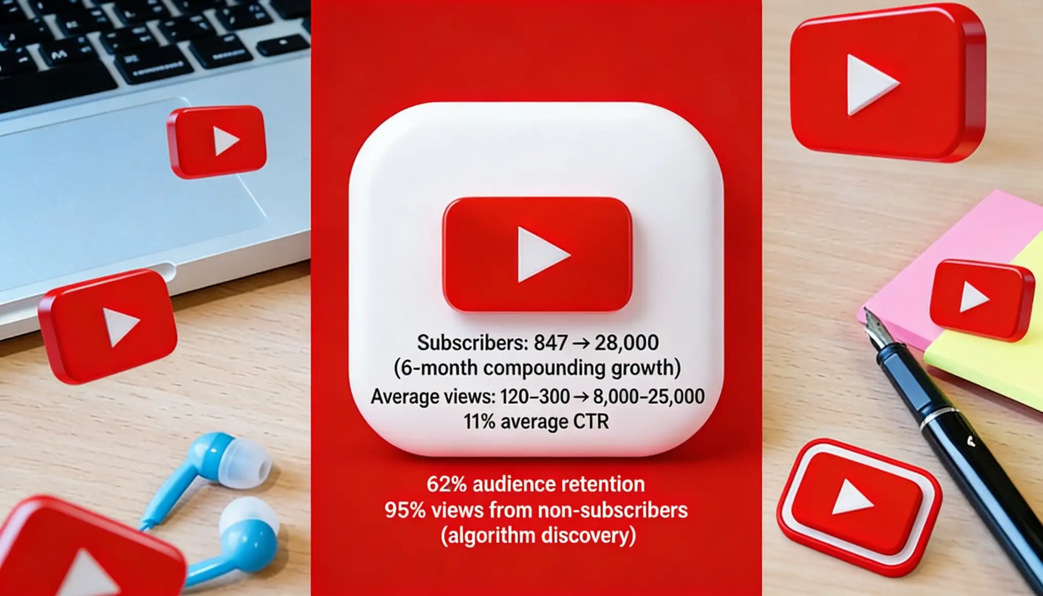 Chris's YouTube channel six-month analytics showing compounding growth from algorithm-aligned strategy &mdash; subscribers growing from 847 to 28,000, average views per video rising from 120-300 to 8,000-25,000, CTR stabilising at 11%, audience retention at 62%, 95% of views coming from non-subscribers via algorithm discovery, and monthly revenue reaching $1,200