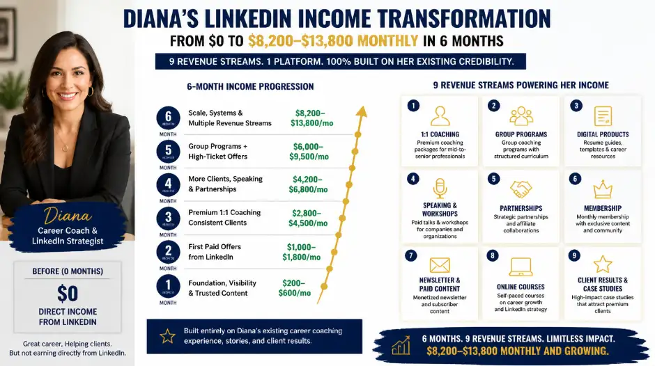 Diana's LinkedIn income transformation showing six-month progression from $0 direct platform income to $8,200-$13,800 monthly across nine revenue streams &mdash; with a breakdown showing speaking engagements and consulting as the largest contributors, sponsored posts and paid newsletter subscriptions providing stable recurring income, and online courses and affiliate partnerships rounding out a fully diversified professional income portfolio built entirely on her existing career coaching credibility