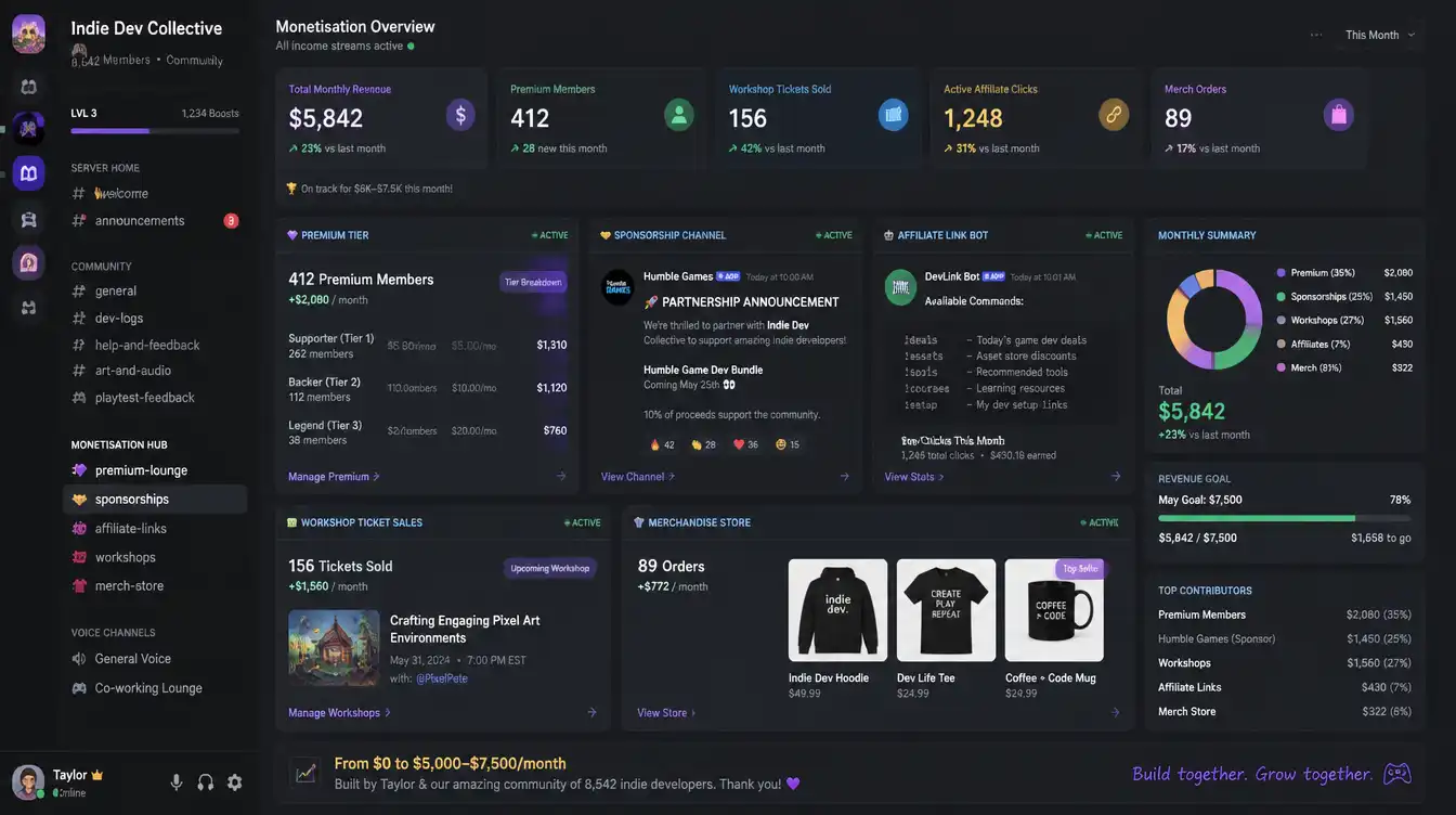 Discord server dashboard showing multiple income streams active simultaneously &mdash; premium tier member count, sponsorship channel with brand announcement, affiliate link bot commands, workshop ticket sales, and merchandise store &mdash; illustrating the balanced monetisation strategy that took Taylor's 8,500-member indie game dev community from $0 to $5,000-$7,500 per month without harming community engagement