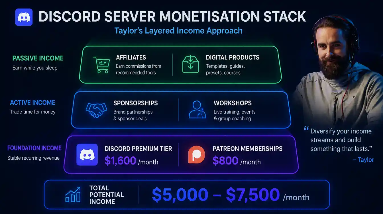 Discord server monetisation stack diagram showing Taylor's layered income approach &mdash; foundation layer of premium tier at $1,600/month and Patreon at $800/month, active layer of sponsorships at $2,000-$3,000/month and workshops at $500-$800/month, passive layer of affiliates and digital products, and opportunity layer of consulting and merchandise &mdash; totalling $5,000-$7,500/month from an 8,500-member indie game developer community