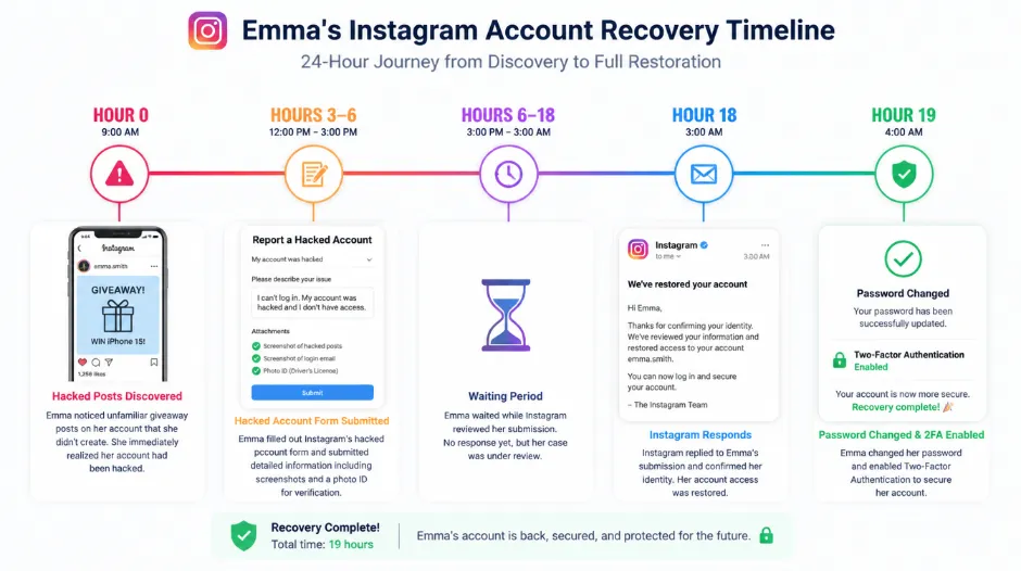 Emma's Instagram account recovery timeline showing the 24-hour sequence from discovery to full restoration &mdash; Hour 0 discovering the hacked posts and scam bio, Hour 1 finding standard password reset blocked by the hacker, Hours 3-6 submitting the Instagram hacked account form with screenshots of all hacked activity and photo ID, Hour 18 receiving Instagram's recovery response, Hour 19 changing password, enabling two-factor authentication, deleting hacked posts, and posting honest clarification to followers &mdash; demonstrating that the right recovery method resolved in under 24 hours versus the 48+ hours Emma initially spent panicking without knowing the process