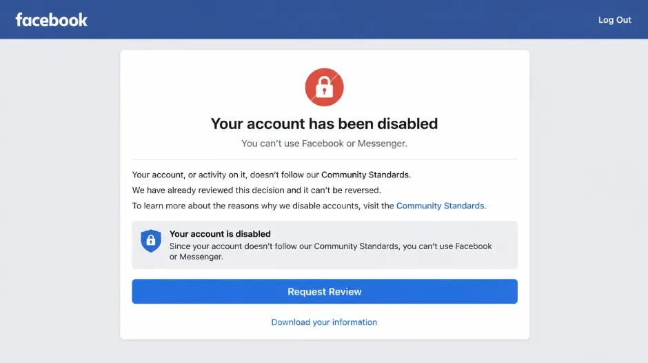 Facebook account disabled screen showing the message 'Your account has been disabled' with a note that it violated Community Standards, alongside a 'Request Review' button &mdash; the starting point for the appeals process that most users either don't notice or don't know leads to a proper formal appeal pathway that has a 30-50% success rate when approached correctly, as demonstrated by Sarah's successful restoration of her business Facebook account after two weeks