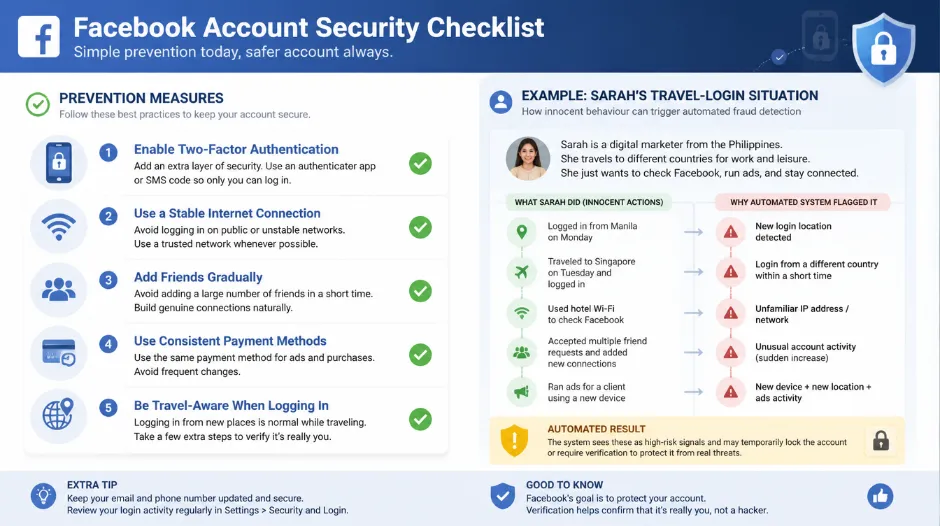 Facebook account security checklist showing prevention measures that reduce the risk of account disabling &mdash; two-factor authentication enabled, stable internet connection without VPN when not necessary, gradual friend-adding rather than bulk requests, consistent payment methods for ads, and avoiding logging in from too many different locations too quickly &mdash; with Sarah's travel-login situation used as an example of how even innocent behaviour can trigger Facebook's automated fraud detection