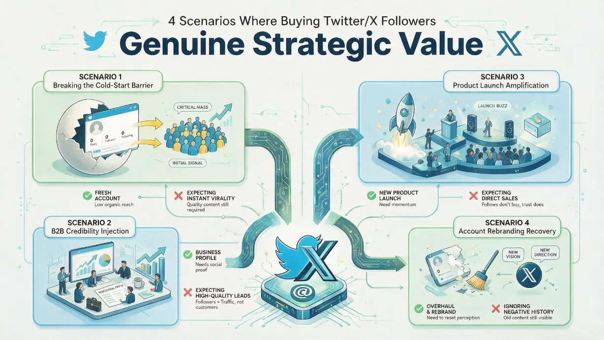 Four scenarios where buying Twitter/X followers provides genuine strategic value &mdash; Scenario 1 showing a new B2B consultant with great content stuck at 340 followers due to the algorithm's cold-start credibility problem and how 5,000 followers broke the initial momentum barrier, Scenario 2 showing a B2B sales professional where follower count functions as a trust signal that affects whether potential clients engage, Scenario 3 showing a product launch where a larger existing follower base amplifies initial visibility, and Scenario 4 showing an account rebuilding after a rebrand where purchased followers accelerate the return to pre-rebrand credibility signals &mdash; each with the specific conditions that determine whether buying followers will actually help