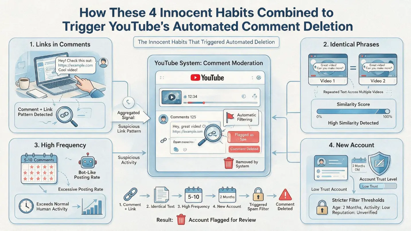 Four-part diagram showing the innocent habits that combined to trigger YouTube's automated comment deletion system in David's case &mdash; first panel showing his comments always including a link to a related blog resource creating the comment plus link pattern that triggers spam filters, second panel showing nearly identical phrasing across multiple videos on the same channel that the pattern-matching algorithm identified as coordinated behaviour, third panel showing 5-10 comments per day on the same creator's videos that looked bot-like in aggregate, and fourth panel showing his two-month-old YouTube account that faces stricter filter thresholds than established accounts &mdash; none individually severe but combined enough to consistently trigger deletion