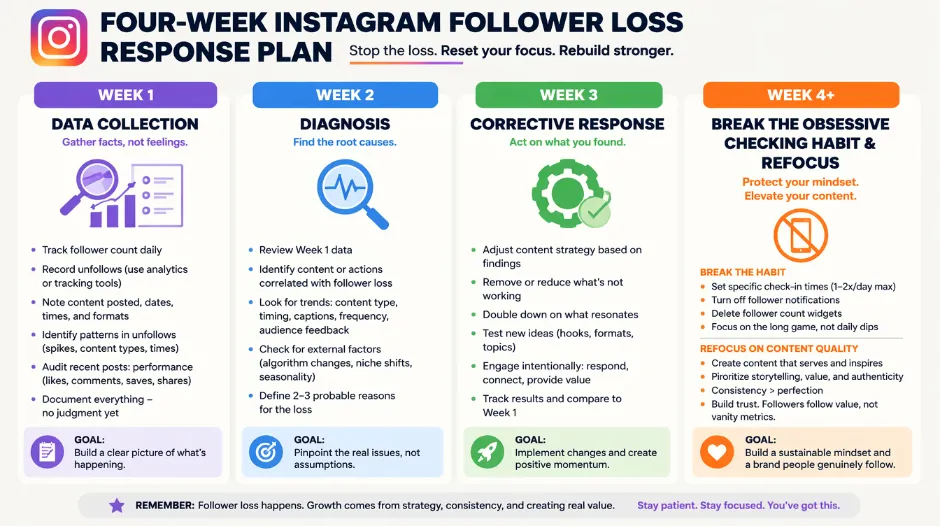 Four-week Instagram follower loss response plan &mdash; Week 1 showing the actual data collection phase where creators check Instagram Insights, calculate their true daily loss rate, and identify when the loss started; Week 2 showing the diagnosis phase comparing spike versus steady decline and checking for controversial posts or content quality changes; Week 3 showing corrective responses based on what was found &mdash; nothing for normal fluctuation, quality improvement for engagement decline, or owning controversial content; Week 4 plus showing the obsession-breaking phase of checking count weekly not daily and focusing on content quality over follower numbers