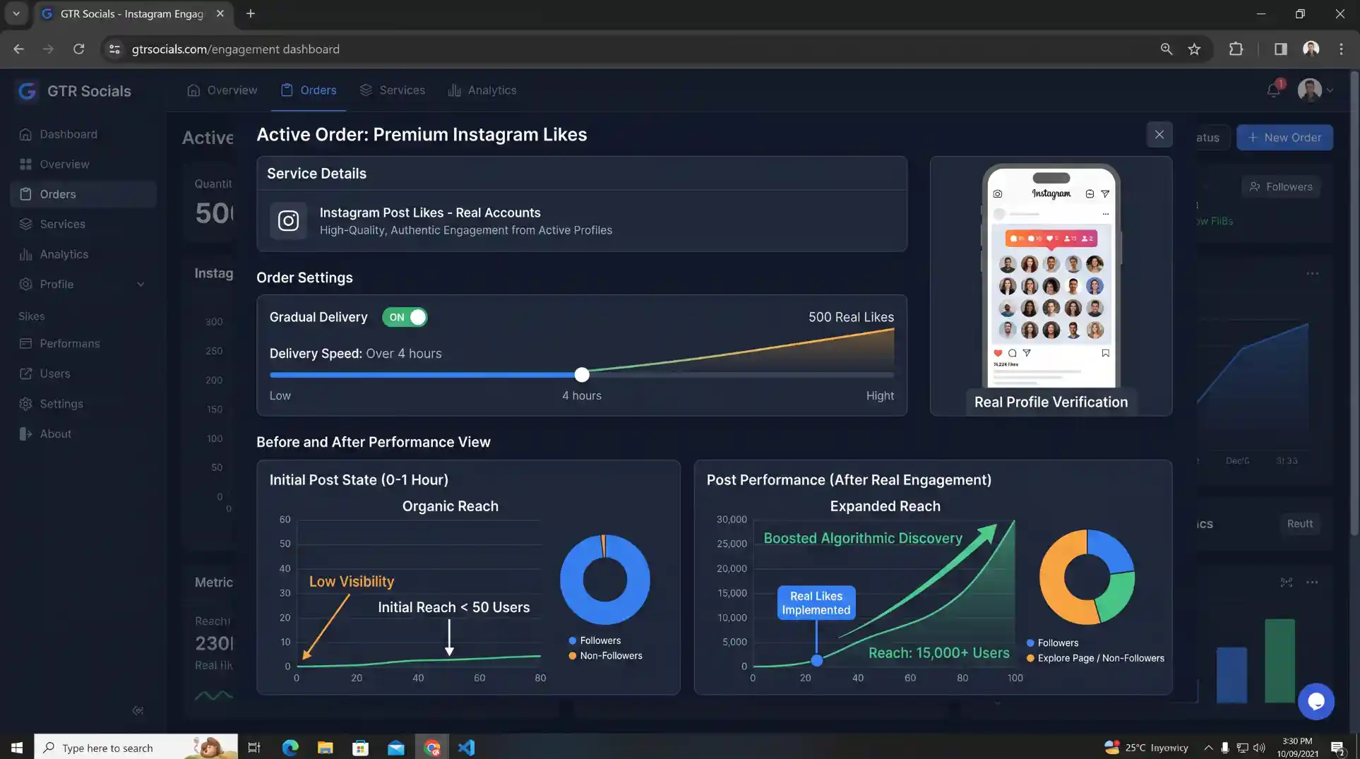 GTR Socials Instagram likes service dashboard showing an order being placed for a genuine Instagram post &mdash; the service interface displaying real-account engagement from verified active profiles, gradual delivery settings over several hours to mimic organic engagement curves, and a before-and-after post performance view showing a well-crafted Instagram post moving from low initial visibility to expanded algorithmic reach after receiving the initial real-account engagement signal, representing the cold start solution that GTR Socials Instagram likes are designed to provide for creators and brands with genuinely good content that needs a fair shot at being seen