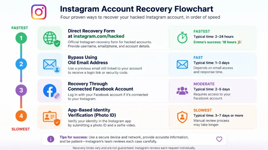 Instagram account recovery flowchart showing four methods in order of speed &mdash; Method 1 the direct recovery form at instagram.com/hacked with a 24-48 hour response timeline and the fields Emma filled in including screenshots of hacked posts and photo ID, Method 2 bypassing the hacker's email change using the old email address for password reset, Method 3 recovering through a connected Facebook account, and Method 4 contacting Instagram via the app with identity verification including selfie matching profile photo