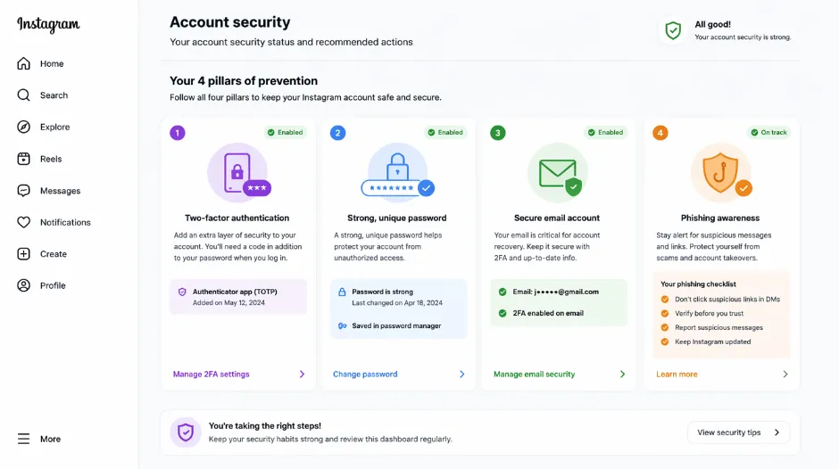 Instagram account security dashboard showing the four prevention pillars &mdash; two-factor authentication enabled with an authenticator app rather than SMS, a strong 18-character unique password stored in a password manager, email account secured with its own 2FA enabled, and the phishing awareness checklist showing skepticism toward unfamiliar DM links &mdash; the security setup that would have prevented Emma's account from being hacked and the same setup she implemented immediately after recovery to prevent future breaches
