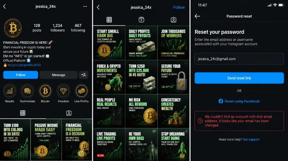 Instagram account showing signs of being hacked &mdash; a profile picture that has been changed to an unfamiliar image, a bio replaced with a suspicious cryptocurrency link, recent posts showing fake investment scheme advertisements with high engagement from confused followers, and a password reset screen showing that the email address has already been changed by the hacker &mdash; the exact situation Emma faced when she woke up to discover her account compromised