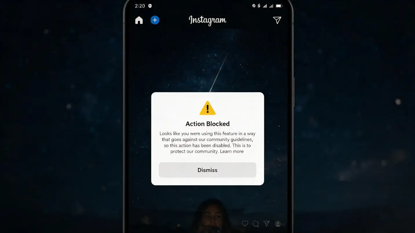 Instagram smartphone screen showing the 'Action Blocked' error message with the text 'We restrict certain activity to protect our community' alongside a secondary screen showing 'Action Blocked &mdash; This action was blocked. Please try again later. We restrict certain activity to protect our community.' &mdash; the two most common versions of the Instagram action block error that users see when they have performed actions that look repetitive, automated, or spam-like to Instagram's automated detection systems, regardless of whether the actions were genuine